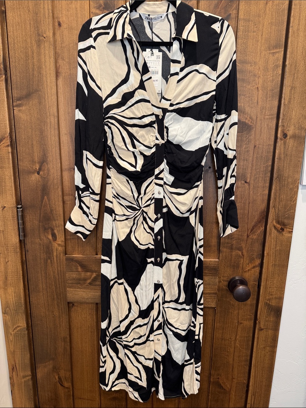 Zara Black and Cream Abstract Button-Front Long Sleeve Dress